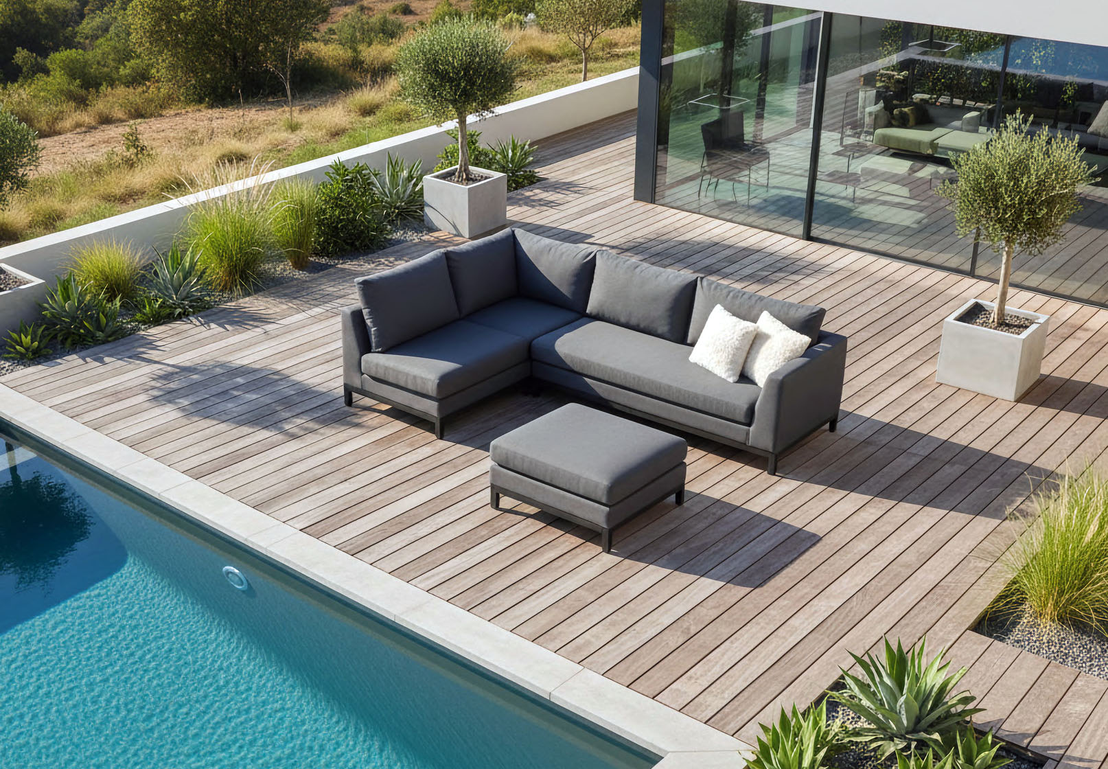 Flow Square chaise en sofaset in Sunbrella-textiel